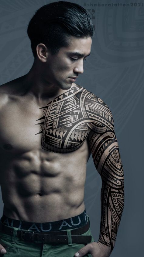 Chest And Arm Tattoo Men, Chest Sleeve Tattoo Men, Polynesian Tattoos Men, Polynesian Tattoo Designs Men Arm, Man Tattoo Ideas, Polynesian Tattoo Sleeve, Tato Maori, Tattoo Artist Tattoo, Man Tattoo