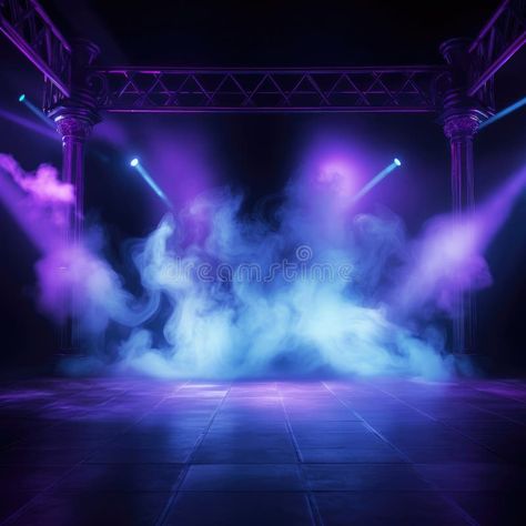 Empty scene with blue purple neon stage spotlight, Empty night scene, beams of spotlights and diodes, neon light, shadows, glare royalty free stock Purple Stage Lighting, Neon Stage Design, Reflection Background, Stage Spotlights, Dark Basement, Flex Banner Design, Flex Banner, Purple Neon, Background Images For Editing