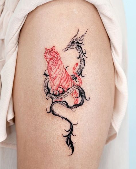 Tiger And Dragon Tattoo, Minimalist Dragon Tattoo, Naga Tattoo, Royal Tattoo, Dragon And Tiger, Dragons Tattoo, Chinese Dragon Tattoos, Tiger Tattoo Design, Dragon Tattoo For Women