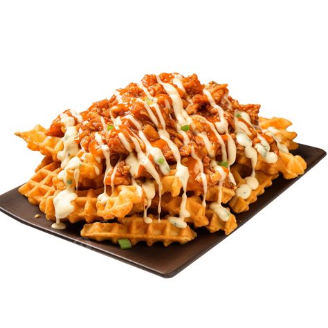 a platter of waffle fries loaded with savory buffalo chicken chicken waffle fries fast food waffle Chicken Loaded Fries, Waffle Chicken, Waffle Fries, Loaded Fries, Food Fast, Chicken And Waffles, Transparent Image, Buffalo Chicken, Comfort Food