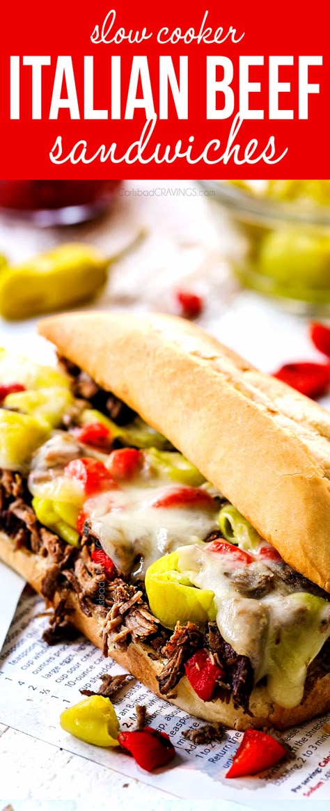 Crazy juicy, tender, flavorful Crockpot Italian Beef Sandwiches loaded with all your favorite toppings!  Perfect for Game Day, holidays, parties or just a fun dinner!  Make ahead and freezer instructions included. #recipe #recipes #recipeideas #recipeseasy #recipesfordinner #dinner #dinnerrecipes #dinnerideas #dinnertime #easyrecipe #easydinner #crockpot #crockpotrecipes #slowcooker #slowcookerbeef #sandwiches #beef #beefrecipes Crockpot Italian Beef, Italian Beef Crockpot, Italian Beef Sandwich, Italian Beef Recipes, Crockpot Italian, Beef Sandwich Recipes, Slow Cooker Italian Beef, Roast Beef Sandwich, Italian Beef Sandwiches