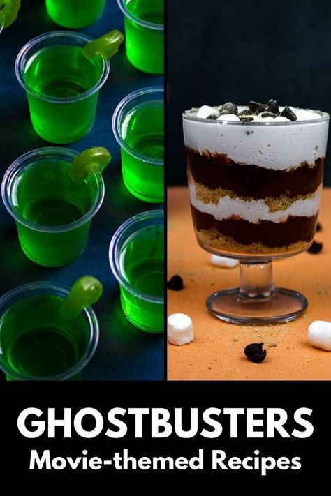 ghostbusters recipes Green Apple Jello Shots, Smores Trifle, Ghostbusters Party Food, Apple Jello Shots, Green Shots, Apple Schnapps, Theme Snack, Homemade Chocolate Pudding, Movie Night Food