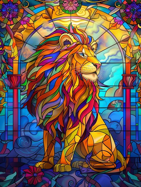 Beautiful Stained Glass Window with Lion Stain Glass Drawing, Stained Glass Lion, Stained Glass Animals, Stained Glass Wallpaper, Ethereal Background, Quetzalcoatl Tattoo, Arts And Crafts Tiles, Stained Glass Tattoo, Stained Glass Painting