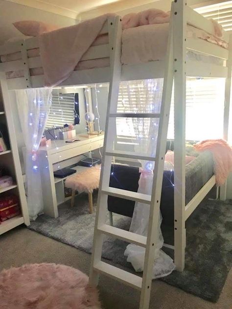 Sophisticated Loft Bed, Loft Bed Over Futon, A Bunk Bed With A Desk, Cute Room Ideas Loft Bed, Cute Room Ideas With Loft Beds, Room Idea Loft Bed, Bedroom Decor Loft Bed, Loft Bed Ideas Preppy, Loft Bed Aesthetic Room Ideas