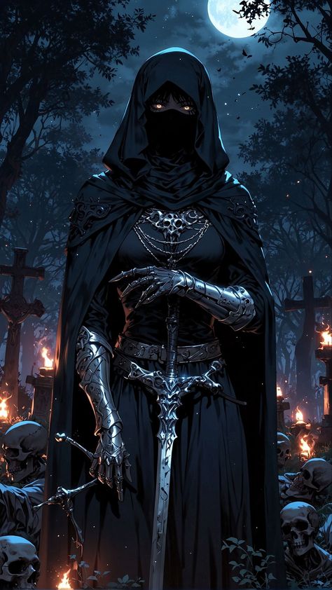 free wallpapers 4K girl, sword, armor, dress, hood, dark, art for mobile and desktop Evil Sorcerer Art, Dark Elf Samurai, D&d Assassin, Cultist Rpg, Cultist Fantasy Art, Occultism Aesthetic, Fantasy Cultist, Necromancer Character Design, Black Knight Art