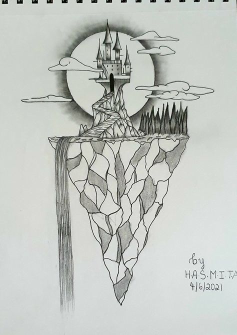 Floating Mountains Drawing, Floating Castle, Mountain Sketch, Sketches Ideas, Floating Island, Nature Art Drawings, Floating City, Doodle Ideas, City Drawing