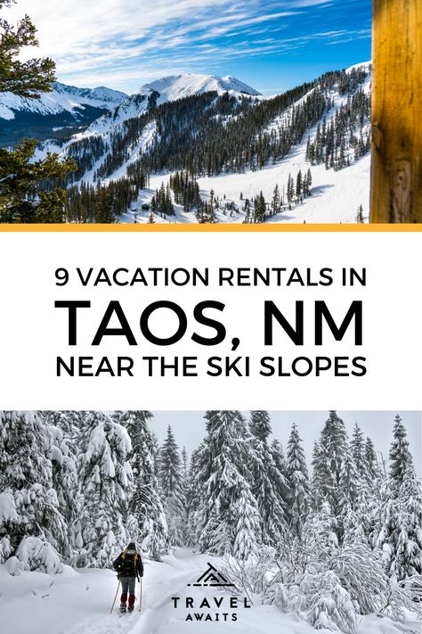 Taos, New Mexico, is beautiful any time of the year, but it truly comes alive in the winter. Skiers descend upon the town for its beautiful views and plentiful ski slopes. Any of these 9 Taos vacation rentals near the ski slopes would make the perfect place to warm up after a day on the slopes. Taos Ski Valley New Mexico, Taos New Mexico Winter, Taos Ski Valley, Winter Vacations, Angel Fire, Taos New Mexico, Alpine Village, Ski House, Ski Vacation