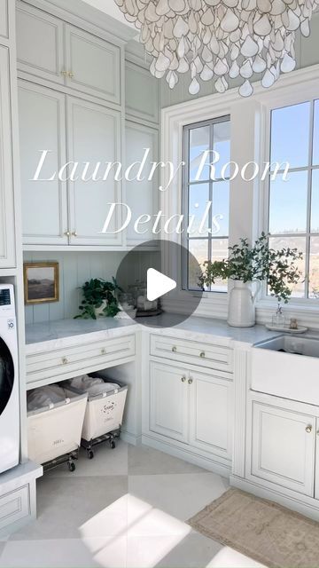 Tricia Crist on Instagram: "Our laundry room is not just for laundry!  It is the only space in our home that we paid to take the cabinets to the ceiling.  We don’t have any linen closets in this house.  Our laundry room houses all of our bedding, towels, crafts, tools, light bulbs, school supplies, wrapping supplies and cleaning products!  Every space is full!  ~Paint is Farrow & Ball light blue cut by 25%  ✨To shop this space comment LAUNDRY  If you don’t follow me the link won’t work sometimes!  Or click the blue link in my bio!  Then click on my LTK button and you can shop ALL my posts & reels!  • • • #laundry #newhomebuild  #laundryroom laundry room #laundryday #laundryroomgoals laundry room goals #laundryroomdesign laundry room design #laundryroommakeover  #utilityroominspo #tilefloor French Blue Laundry Room, Laundry Room Glow Up, Powder Blue Laundry Room, Light Blue Laundry Room Walls, Laundry Room Light Blue, Laundry Room Light Blue Cabinets, Blue Laundry Room Cabinets, Laundry Room Design Blue Appliances, Laundry Office Combo