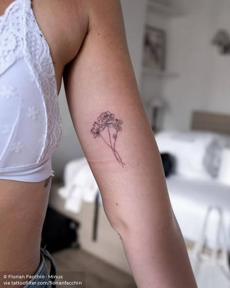 Fine line flower bouquet. Tattoos For Women Inner Arm, Fine Line Flower Bouquet, Line Flower Bouquet, Tattoo Inner Bicep, Inner Arm Tattoos For Women, Delicate Flower Tattoo, Tiny Flower Tattoos, Bohemian Tattoo, Flower Bouquet Tattoo