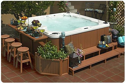 Hot tub decor Whirlpool Deck, Deco Spa, Ideas De Piscina, Hot Tub Landscaping, Pool Indoor, Hot Tub Surround, Hot Tub Patio, Hot Tub Designs, Outdoor Hot Tub