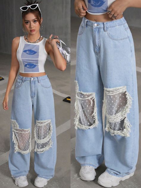 Cute Jeans Not Ripped, Teen Girls Outfits, Denim Diy Clothes, Cute Ripped Jeans, Teen Jeans, Ripped Jeans Style, Cool Jeans, Ripped Jeans Outfit, Blue Ripped Jeans