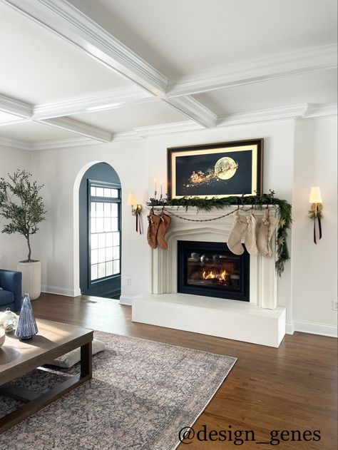 Fireplace Near Doorway, Wall Sconces Above Fireplace, Fireplace With Sconces And Tv, Sconces By Tv, Amber Lewis Rug, Wall Sconces Next To Tv, Sconces Above Fireplace, Electric Fireplace With Hearth, Fireplace Raised Hearth