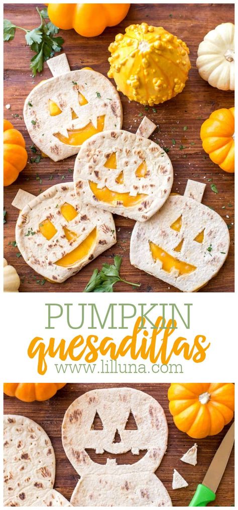 Spooky cute kid-friendly pumpkin quesadillas take minutes to make and are perfect for Halloween or any night in October! #pumpkinquesadillas #pumpkinappetizer #quesadilla #halloween Pumpkin Appetizers, Halloween Appetizers Easy, Cheese Quesadillas, Creepy Food, Postres Halloween, Halloween Party Appetizers, Halloween Food Appetizers, Pumpkin Carving Party, Festive Appetizers