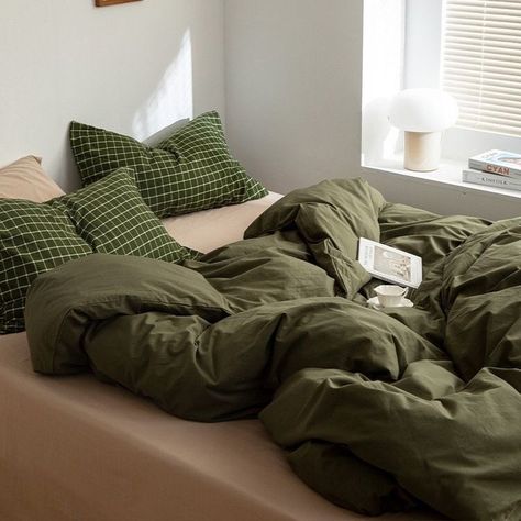 Green Bedroom Sheets, Cotton Bedsheets Aesthetic, Duvet Covers Plain, Bedroom Certain, Orange Bed Cover, Two Duvets On One Bed, Earthy Bedroom Aesthetic Cozy, Cozy Bedroom Aesthetic Night Lights, Green Bed Aesthetics