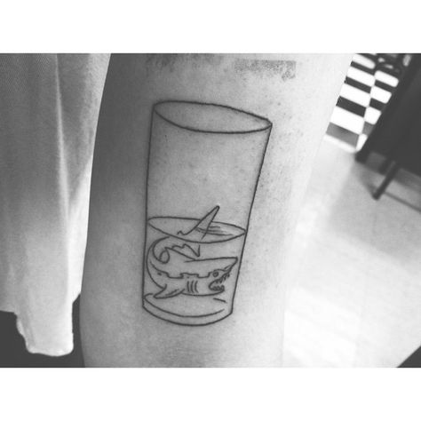 Shark in a glass of water tattoo Shark And Fish Tattoo, Glass Of Water Tattoo, Linework Shark Tattoo, Fine Like Shark Tattoo, Black And White Shark Tattoo, Line Work Shark Tattoo, Glass Tattoo, Glass Shark, Related Tattoos