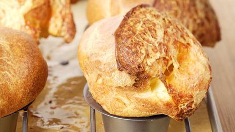 Cheese Popovers, Popovers Recipe, Muffin Pan Recipes, Mac And Cheese Cups, Popover Recipe, Popover Pan, Pbs Food, Bite Size Appetizers, Living Tv