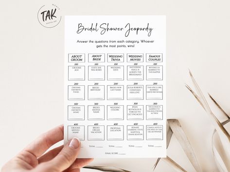 Minimalist Bridal Shower Jeopardy, Bridal Shower Game, Printable Jeopardy Card, Downloadable Shower Game, Instant Editable Digital Download https://etsy.me/42dmK2w #bridalshower #bridalshowergames #printablegames #bridaljeopardy #etsy Bridal Shower Jeopardy, Couples Wedding Shower Games, Couples Trivia, Wedding Trivia, Bridal Party Games, Fun Bridal Shower Games, Couple Wedding Shower, Edit Font, Blue Bridal Shower