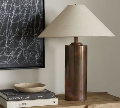 Saint Metal Table Lamp (24") | Pottery Barn Tall Nightstand Lamps, Marsh House, Pottery Barn Table, Lamp Pottery, Barn Table, Tall Nightstands, Brass Lamps, Bronze Table Lamp, The Harp