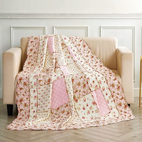 Amazon.com: Pink Cotton Patchwork Quilted Bedspread Throw Blanket for Couch Twin Size 60" x 80" Floral Coverlets Soft Garden Flowers Reversible Quilt Bed Cover for Bed Sofa Home Decor : Home & Kitchen Throw Blanket Bed, Shabby Chic Quilts, Floral Bedspread, Chic Quilts, Quilted Throw, Bed Quilt Cover, Bed Quilt, Quilted Throw Blanket, Floral Bedding