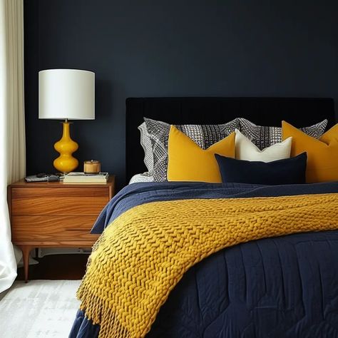 Navy Blue And Yellow Bedroom Ideas, Mustard And Navy Bedroom, Blue Mustard Bedroom, Navy Blue And Mustard Bedroom, Navy Blue Headboard Bedroom Ideas, Navy Blue And Yellow Bedroom, Navy Yellow Bedrooms, Navy And Yellow Bedroom, Mustard Yellow Bedroom Ideas