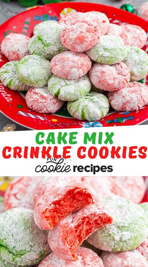 Crinkle Cookies Recipe Cake Mixes, Crinkle Cookies Cake Mix, Cake Mix Crinkle Cookies, Fun Cookie Recipes, Christmas Crinkle Cookies, Easy Christmas Cake, Powdered Sugar Cookies, Crackle Cookies, Cake Box Cookies