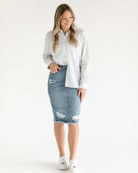 Drumroll please... the Presley Distressed Denim Midi Skirt is BACK!!🎉 The distressing details (backed by fabric for modesty) and this denim wash give us MAJOR heart eyes!😍 Pair the Presley with your favorite top and some sneakers all fall long!! #denim #distresseddenim #midiskirt #modestclothing #restock #makemodestamainstream #inheritco #modestfashion Modest Denim Skirt Outfit, Denim Pencil Skirt Outfit, Midi Jeans Skirt, Modest Denim Skirts, Modest Activewear, Midi Jeans, Denim Skirt Outfits, Jeans Skirt, Denim Pencil Skirt