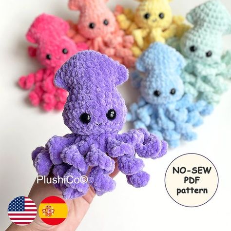 Baby Squid No Sew CROCHET PATTERN, Amigurumi Octopus plush Kawaii Stuffed Animal, Plushie  #crochetpattern #crochetpatternsamigurumi #crochetamigurumi #cuteamigurumi #crochetplushies No Sew Crochet Pattern, Amigurumi Eyes, Baby Squid, No Sew Crochet, Amigurumi Octopus, Octopus Plush, Crochet Octopus, Crochet Simple, Crochet Lessons