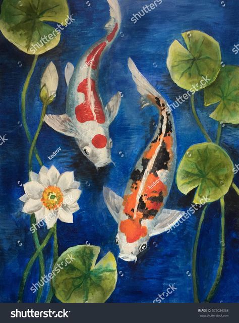 Koi Fish Pond Watercolor, Koi Fish Pond Painting, Fish Pond Painting, Koi Pond Art, Colorful Koi Fish, Koi Painting, Koi Fish Drawing, Lucky Bamboo Plants, Feng Shui Items