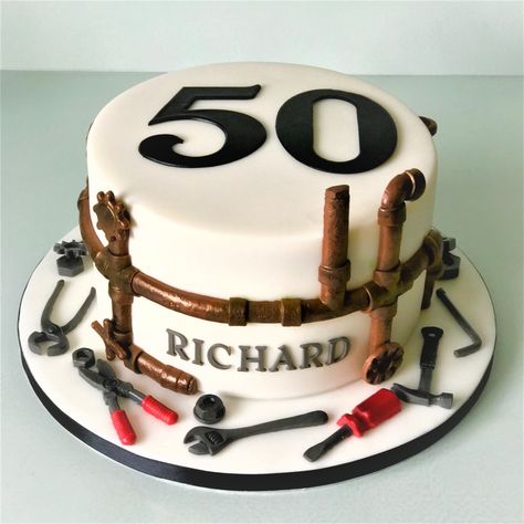 50th Birthday Cake. by Lorraine Yarnold Plumber Birthday Cake, Plumber Cake, 50 Years Birthday Cake, Funny 50th Birthday Cakes, 50th Birthday Cakes For Men, Graduation Party Cake, Copper Pipes, 50th Cake, Birthday Cake For Him