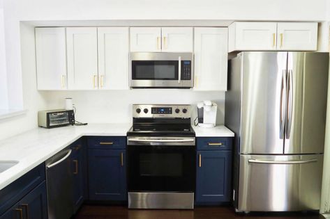 Modern Navy and White L Shaped Kitchen - Cabinets.com Small L Shaped Kitchen, Navy Blue Cabinets, Modern L Shaped Kitchens, Complete Kitchen Remodel, Diy Kitchen Remodel, Small Room Decor, L Shaped Kitchen, Blue Cabinets, Diy Decor Crafts