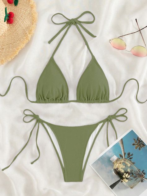 Solid Color Separates Bikini Sets Set For Vacation, Beach And Pool, Summer Beach Army Green Sexy    Plain  Slight Stretch  Women Clothing, size features are:Bust: ,Length: ,Sleeve Length: Manifestation 2024, Swimwear 2024, Summer Beach Outfit, Beach Outfits, Cherry Print, Swim Suits, Cute Swimsuits, Elegant Dresses Long, Cute Bikinis