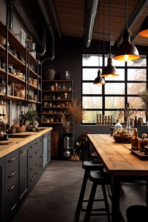 An industrial-style kitchen with a touch of grey lighting, featuring a mix of raw materials, exposed brick, and wooden elements. Cabinets Corner, Industrial Kitchen Design, Industrial Home Design, Walnut Kitchen, Loft Kitchen, Industrial Style Kitchen, Kabinet Dapur, Sink Kitchen, Home Design Inspiration