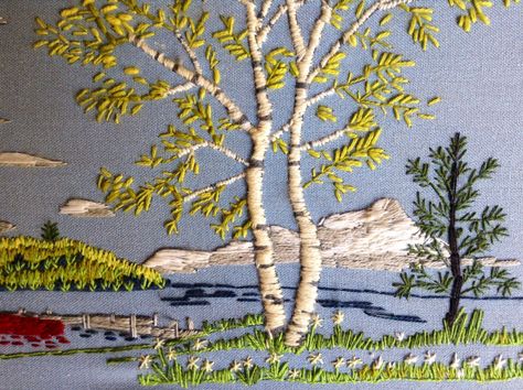 Birch Tree Embroidery, Birch Embroidery, Embroidered Trees, Embroidery Tree, Landscape Embroidery, Feather Embroidery, Aspen Tree, Landscape Quilt, Needlework Crafts