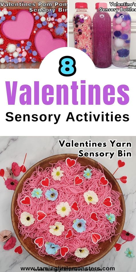 8 Easy Valentine's Day Sensory Activities for Kids. Sensory play ideas for toddlers and preschoolers to enjoy this valentines day. #valentine #sensory #toddler #preschool Play Ideas For Toddlers, Sensory Activities For Kids, Valentine Sensory, Sensory Play Ideas, Kids Sensory Play, Preschool Valentines, Valentines Crafts, Sensory Bottles, Glitter Slime