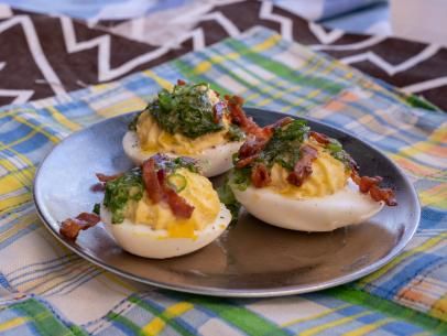 Deviled Eggs with Bacon and Hot Sauce Recipe | Alex Guarnaschelli | Food Network Guys Ranch Kitchen, Deviled Eggs With Bacon, Eggs With Bacon, Ranch Recipes, Devilled Eggs Recipe Best, Devilled Eggs, Deviled Eggs Easy, Best Deviled Eggs, Bacon Deviled Eggs