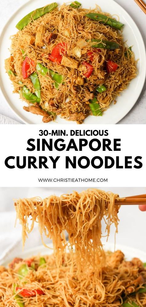 30-min. Singapore Curry Noodles. Curry seasoned rice noodles stir fried with juicy savoury chicken and vegetables! #singapore noodles recipes #chinese noodle recipes #singapore food recipes Thai Rice Noodle Recipes, Singapore Noodles Chicken, Mai Fun, Singapore Rice Noodles, Singapore Recipes, Glass Noodles Recipe, Chinese Noodle Recipes, Vermicelli Recipes, Rice Noodle Recipes