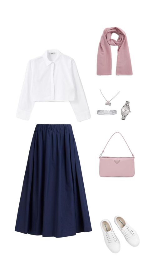 navy blue long skirt, white crop shirt, white sneakers, pink hijab, pink bag, hijabi outfit Pink White Outfit, Navy Blue Long Skirt, Hijab Pink, Hijabi Summer Outfits, Blue Long Skirt, White Crop Shirt, Blue And White Outfits, Pink Hijab, Hijabi Outfit