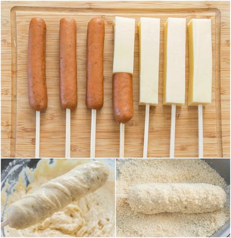 Korean Hot Dogs also called Korean Corn Dogs. Learn how to make this popular trendy street food at home! Korean Hot Dog Recipe, Cheese Corn Dog Recipe, Korean Hot Dogs, Korean Corn Dog Recipe, Street Food At Home, Koreansk Mad, Korean Corn, Corndog Recipe, Food At Home