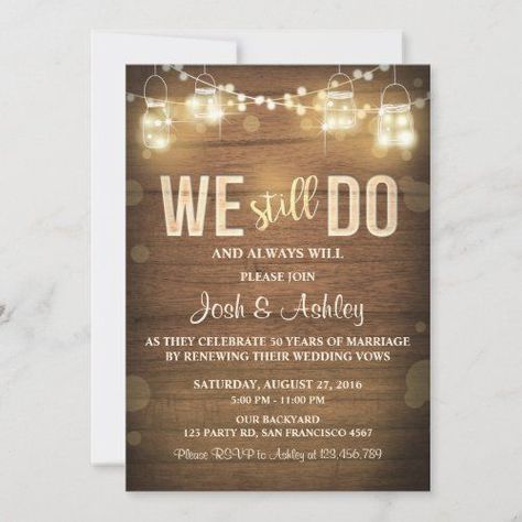 Anniversary invitation Rustic Vow Renewal Party #westilldo #anniversaryinvitation #rusticwood #vowrenewal #masonjar #stringlights #vowrenewalanniversary #50thanniversary #25thanniversary #wedding Rustic Vow Renewal, Vow Renewal Party, Glitter Gender Reveal, Mason Jar String Lights, Vow Renewal Invitations, Wood Invitation, Rustic Baby Shower Invitations, Anniversary Invitation, Wedding Anniversary Invitations