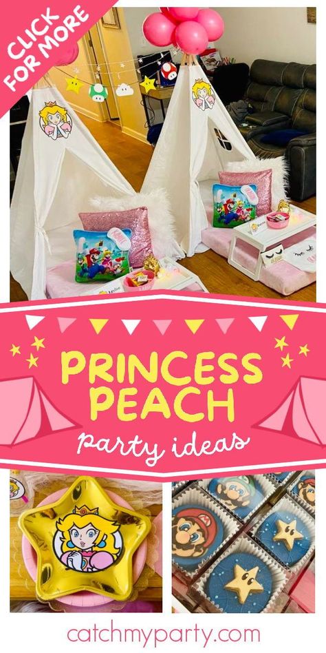 Check out this cute princess Peach sleepover! The teepees are fantastic! See more party ideas and share yours at CatchMyParty.com Princess Peach Party Ideas Decoration, Princess Peach Party Games, Princess Peach Party Favors, Princess Peach Party Ideas, Princess Peach Birthday Party Ideas, Princess Peach Birthday Party, Princess Peach Birthday, Peach Pizza, Princess Peach Party