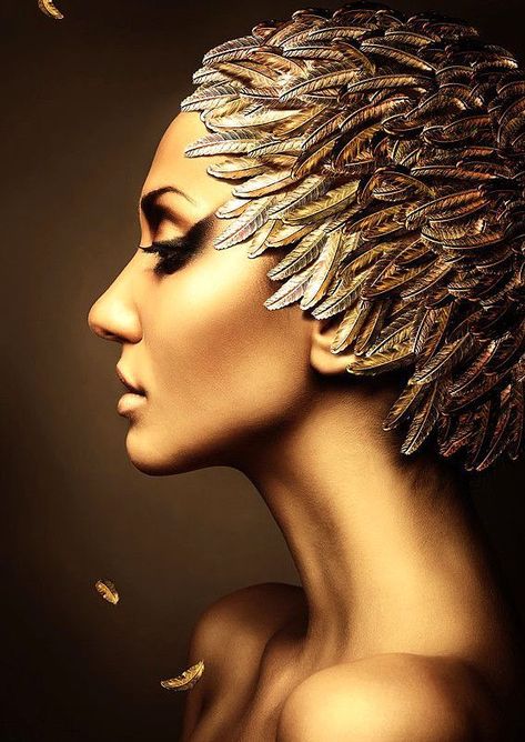 Golden Feather, Contemporary Art Canvas, Contemporary Canvas, Feather Hat, Gold Feathers, Feathered Hairstyles, Hanging Wall Art, Female Art, Her Hair