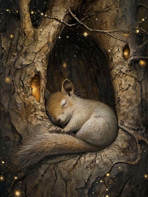 Squirrel Sleeping in a Tree Hollow on a Magical Night, Whimsical Style, Canvas Wall Art in Multiple Sizes - Etsy Whimsical Illustration Children Books, Whimsical Animal Paintings, Tree Hollow, Forest Animals Illustration, Squirrel Illustration, Happy Squirrel, Sleepy Animals, Squirrel Pictures, Woodland Animal Art