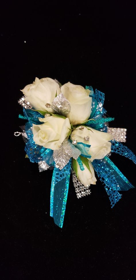 Corsage For Teal Dress, Teal Prom Flowers, Teal Corsage, Turquoise Corsage And Boutonniere, Turquoise Corsage, White And Teal Corsage, White Rose Blue Ribbon Corsage, Gold Corsage, Diy Prom