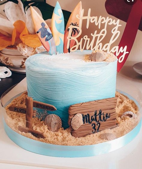 Waves Birthday Cake, Surf Themed Cake, First Wave Birthday Cake, Beach Theme Cake For Men, Surfer Cake Ideas, Surf Cakes Birthday, Surfing Cake Ideas, Beachy Birthday Cake, Surf Cake Ideas