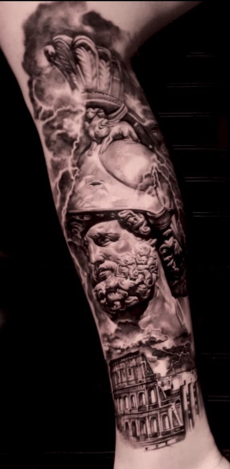 #mars #colosseum #tattoo #tattoorealistic #statuetattoo #romantattoo #legtattoos #torontotattoo #realismtattoo #tattooart #marstattoo #colosseumtattoo #fyink #stonetattoo #ares #arestattoo #mythologytattoo #romanmythology #mythology Colosseum Tattoo, Mars God, Lion Forearm Tattoos, Greek God Tattoo, Roman Tattoo, Atlas Tattoo, Stone Tattoo, Statue Tattoo, Greek Mythology Tattoos