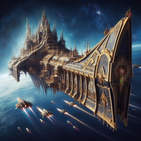 Spaceship Fantasy Art, Spelljammer Ships Concept Art, Sci Fi Boat, Warhammer 40k Ships, Sci Fi Ship Concept Art, Crystal Spaceship, Star Ships Concept, Futuristic Battleship, Sci Fi Spaceship Concept Art