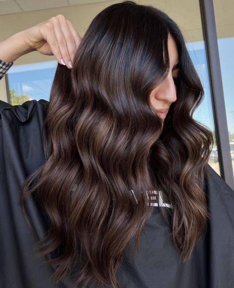 Brown Balayage In Black Hair, Different Hair Shades Of Brown, Balayage Hair Front View, Dark Demension Hair, Dark Brown Hair With Chocolate Balayage, Dark Chocolate Hair Balayage, Black To Chocolate Balayage, Dark Chocolate Brown Balayage On Black Hair, Dress Up A Casual Dress