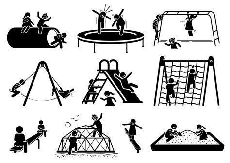 Active children playing at playground stick figures icons. Vector illustrations of kids playing trampoline, monkey bar, swing, slide, climbing net, seesaw, tunnel, and sand box. recreational; leisure; running; kindergarten; holiday; cheerful; games; laugh; activities; sandbox; summer; spring; preschool; active; outside; outdoor; friendship; friends; park; childhood; happy; sand pit; sandpit; balancing beam; see saw; seesaw; net; slide; swing; monkey bar; climbing; tunnel; tube; jumping; trampoli Natural Playscapes, Monkey Bar, See Saw, Sand Pit, Spring Preschool, School Playground, Monkey Bars, Children Playing, Trampolines