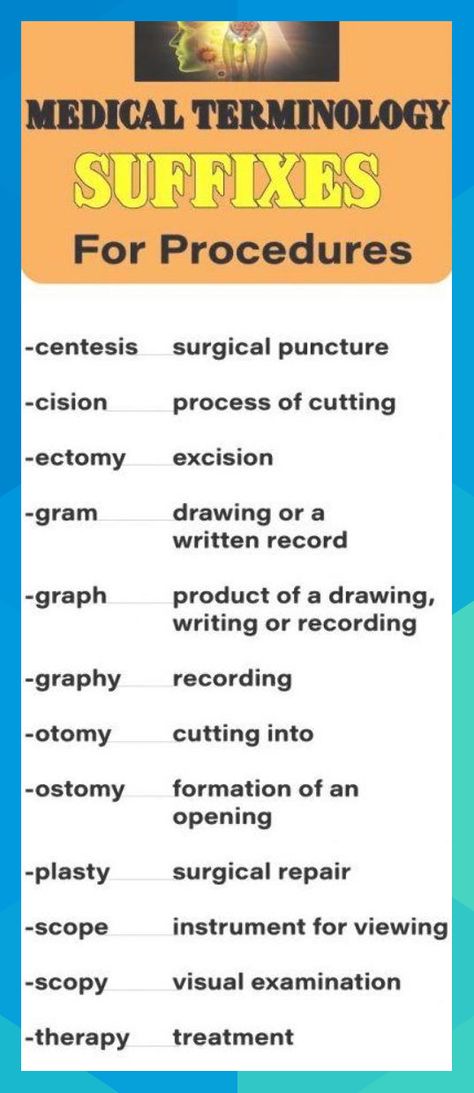 Medical terminology can be a lot to learn. However, building a substantial medical vocabulary will help with your studies of disease processes and also help with learning basic skills. Suffixes are placed at the end of a word root or word part to modify or vary the meaning. Suffixes can indicate a condition, disease or a procedure. Follow our medical terminology series at  #studentnurse #nursingschool #nursingstudent #nurse #medicalterminology #nursecepts #keanu61667 Medical Terminology Cheat Sheet, Medical Vocabulary, Medical Terminology Study, Medical Assistant Student, Health Information Management, Medical Words, Medical Coder, Medical Student Study, Medical Billing And Coding