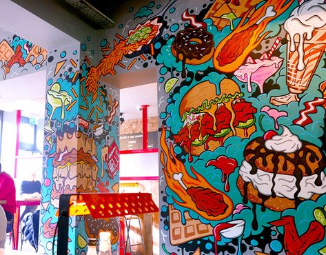 Restaurant Mural, Art Restaurant, University Architecture, Cafe Wall Art, Cafe Wall, Car Illustration, Graffiti Wall, Mural Wall Art, Project Photo